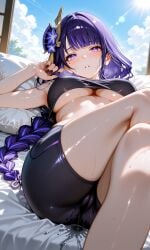 1girls bare shoulders booty shorts breasts daisy dukes female only hotpants large long hair midriff baring shirt navel painted nails pale skin pale-skinned pigtails pink short thick thighs underboob wide hips raiden_shogun genshin_impact ai_generated