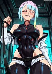 lucyna_kushinada cyberpunk_(series) cyberpunk_2077 cyberpunk:_edgerunners jousneystudio ai_generated 1girl clothing female patreon_username leash breasts lucy_(cyberpunk) holding_leash multicolored_hair looking_at_viewer leotard smile holding solo off_shoulder medium_breasts blush hip_vent jacket grin bare_shoulders short_hair black_leotard from_below pink_hair white_jacket open_jacket web_address leash_pull blue_hair viewer_holding_leash red_eyeliner trembling open_clothes large_breasts eyeliner makeup red_lips bodysuit femdom thighs ass_visible_through_thighs indoors sleeveless_turtleneck off-shoulder_jacket belt gradient_hair highleg_leotard artist_name highleg shorts white_shorts multicolored_eyes teeth solo_focus blue_eyes pov_hands black_belt long_sleeves