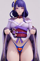 1girls 3d ai_assisted ai_generated black_background breasts crossover dc dc_comics female flashing flashing_panties genshin_impact hair_ornament kimono kimono_lift kimono_pull lifting looking_at_viewer panties purple_eyes purple_hair raiden_shogun sexy superman superman_(cosplay) superman_(series) superman_logo themed_clothes thick_thighs thighs thong