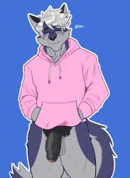 2024 anthro balls big_penis biped blue_background blush bottomless bottomless_anthro bottomless_male canid canine canis clothed clothing colored darolion eyebrow_through_hair eyebrows eyes_closed flaccid foreskin front_view fur genitals glans grey_body grey_fur grey_hair hair hand_in_pocket hi_res hoodie humanoid_genitalia humanoid_penis male mammal outline penis pink_clothing pink_hoodie pink_topwear pockets portrait pubes purple_body purple_fur shaded short_hair simple_background sleeping solo sound_effects standing tail three-quarter_portrait topwear translucent translucent_hair vein veiny_penis vowelless vowelless_sound_effect white_outline wolf zzz