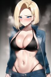 ai_generated android_18 black_bra black_panties dragon_ball dragon_ball_z jacket jean_jacket large_breasts steam steaming_body sweat tagme