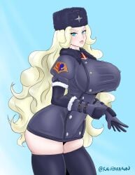 1girls big_breasts big_lips black_thighhighs blonde_hair blue_eyes bottomwear breasts capcom clothing female fugubarakun hair huge_breasts kolin large_breasts lips long_hair looking_at_viewer mature mature_female mature_woman street_fighter thick_lips thick_thighs thighhighs thighs topwear ushanka