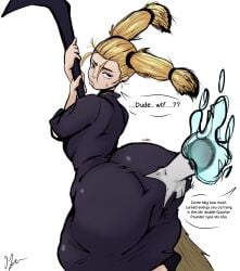 2d 2d_(artwork) annoyed_expression annoyed_female ass ass_bigger_than_head ass_bigger_than_torso ass_focus ass_grab big_ass bottom_heavy bubble_ass bubble_butt dialogue giygal grope groping groping_ass groping_from_behind huge_ass jujutsu_kaisen large_ass nishimiya_momo text thick_ass unhappy_female voluptuous voluptuous_body voluptuous_female white_background
