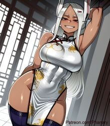 1girl absurdres aesthetic ai ai_generated alternate_costume animal_ears anime arm_behind_back arm_behind_head arm_up armpits art artist_name bare_arms bare_shoulders blue_thighhighs blush boku_no_hero_academia breasts china_dress chinese_clothes comic cover covered_navel cowboy_shot crescent_print curvy dark-skinned_female dark_skin digital dragon_print dress dutch_angle generated grin groin hair_ornament hairclip high highleg highres impossible_clothes indoors large_breasts leaning_to_the_side line long long_eyelashes long_hair looking_at_viewer manga mirko miruko multiple my_hero_academia my_hero_academia_(finale) narrow_waist no_panties page painting panel panels parted_bangs patreon_username pelvic_curtain phanary police police_uniform policewoman print_dress purple_thighhighs quality rabbit_ears rabbit_girl red_eyes rumi_usagiyama shading shiny_skin side_slit skindentation sleeveless sleeveless_dress smile soft solo standing strip style taut_clothes teeth thick_thighs thighhighs thighs tiles toned uncensored usagiyama_rumi very_long_hair watermark web_address white_dress white_hair wide_hips