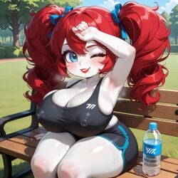 urikoito ai_generated pixai poppy_playtime poppy_(poppy_playtime) 1girls 1female female female_only female_focus solo solo_focus solo_female sweat sweating sweaty sweaty_body sweaty_breasts one_eye_closed blush blue_eyes red_hair water red_lipstick lipstick eyelashes nipples nipple_bulge armpits shortstack breasts breasts_bigger_than_head big_breasts huge_breasts thick_thighs thighs sitting sitting_on_bench bench outdoors outside hot day daytime park park_bench water_bottle smile smiling smiling_at_viewer looking_at_viewer freckles freckles_on_face curly_hair twintails pigtails ribbons sportswear workout_clothes steam