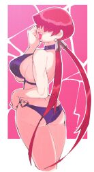 1girl ass big_breasts bikini border breasts commentary earrings english_commentary hair_over_eyes heart-ring heart_ring heart_ring_swimsuit highres inkerton-kun inkuusan jewelry king_of_fighters large_breasts lipstick long_hair makeup o-ring o-ring_bottom open_mouth red_hair shermie_(kof) sideboob smile snk solo split_ponytail swimsuit the_king_of_fighters white_border