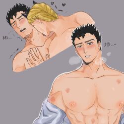 2boys areola areolae black_hair blonde_hair blush cwy devil_horns diamond_is_unbreakable erect_nipples eyes_closed eyes_open gay hard_nipples hickey_marks hickeys jojo's_bizarre_adventure kissing_neck kosaku_kawajiri licking_neck looking_pleasured male male/male male_nipples male_only nipples open_shirt shirt_open yaoi yoshikage_kira