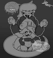 armwear clothing dialogue duo elbow_gloves female fishnet_clothing gloves gynomorph handwear hi_res horn humanoid imminent_vore imp intersex intersex/female jacket looming monochrome mostly_nude ragsy reptile scalie size_difference tail topwear tube_top wings