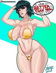 1girls asymmetrical_breasts bare_arms bare_legs bare_shoulders bare_thighs barely_contained_breasts big_breasts bikini blush breasts breasts_bigger_than_head clothed clothing color english english_text female female_focus female_only fubuki_(one-punch_man) green_eyes green_hair hairy_pussy heart-shaped_pupils hi_res highres hoop_earrings hoop_earrings_oversized huge_breasts large_breasts light-skinned_female light_skin looking_at_viewer one-punch_man overflowing_breasts pubic_hair pussy shinda292 short_hair simple_background solo solo_female tagme text text_bubble thick_thighs wide_hips