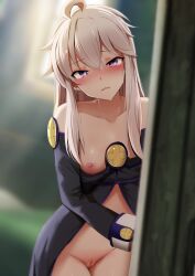 blurry_background blush breasts breasts_out female ginhaha grimoire_of_zero looking_at_viewer nipples partially_clothed purple_eyes uncensored vagina white_hair zero_(grimoire_of_zero)