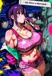 ai_generated aetera 1girl female 1boy male zom_100:_zombie_ni_naru_made_ni_shitai_100_no_koto text english_text cum pink_lips pink_lipstick thick_lips breasts tank_top muscular_female zombie zombie_boy muscular_male yellow_cum cum_on_breasts aroused night steam front_view paint_splatter list crossed_out crossed_out_text cleavage monster looking_to_the_side abs wet_clothes sweat mikazuki_shizuka red_eyeshadow blush big_breasts big_tits cum_drip cum_dripping cum_on_face side_view purple_hair short_hair purple_eyes makeup colorful deep_navel navel navel_fetish belly_button hair_behind_ear asymmetrical_bangs pink_shorts shorts sports_bra sportswear pink_sports_bra pink_sportswear jacket multicolored_jacket steaming_body handjob hand_on_penis purple_glans green_body green_skin on_roof rooftop skyline puckered_lips before_oral imminent_oral imminent_fellatio before_fellatio tight_clothing penis blowjob open_jacket pink_nails pink_fingernails body_blush