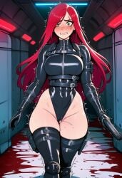 1girls about_to_pee abs ai ai_assisted ai_generated big_breasts blood blood_splatter blood_stain bodysuit curvy fit fit_body fit_female gloves katarina_du_couteau latex_clothing league_of_legends leotard long_sleeves metal_wall pistol prussia123 red_hair scar scared scared_expression sexy sexy_body sexy_female shaking_in_fear solo solo_female straps tactical tactical_clothes tactical_gear thighhighs twitching worried_expression