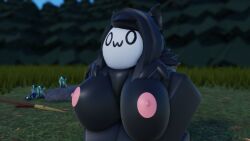 3d animal_ears big_breasts big_nipples dark_hair dark_skin forest furry homo_animalis long_hair looking_up neck_tuft nonalterna on_knees owo roblox robloxian self_upload tagme wolf_ears