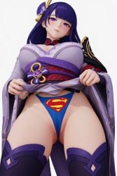 1girls 3d ai_assisted ai_generated black_background breasts crossover dc dc_comics female flashing flashing_panties genshin_impact hair_ornament kimono kimono_lift kimono_pull lifting looking_at_viewer panties purple_eyes purple_hair raiden_shogun sexy superman superman_(cosplay) superman_(series) superman_logo themed_clothes thick_thighs thighs thong