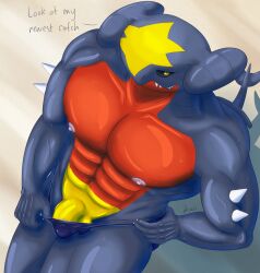 2021 5_fingers abs ambiguous_gender ambiguous_human anthro areola arm_spikes balls biped black_sclera blue_body body_outline claws closed_smile clothed clothing clothing_pull countershading dated dialogue dragon draxosdragon duo dutch_angle english_text exposed_teeth finger_claws fingers flaccid garchomp generation_4_pokemon genitals hand_on_hip hand_on_own_hip hi_res high-angle_view human human_on_anthro humanoid_genitalia humanoid_penis imprint inside_clothing interspecies larger_anthro larger_focus larger_male looking_at_viewer looking_up looking_up_at_viewer male male/ambiguous male_anthro mammal micro mouth_closed multicolored_body muscular muscular_anthro muscular_male mythological_creature mythological_scalie mythology navel nintendo nipples open_mouth overbite pecs penis pink_areola pink_nipples pokemon pokemon_(species) pupils purple_clothing purple_speedo purple_swimwear red_body scalie shadow side_mouth signature size_difference slit_pupils smaller_ambiguous smaller_human smile solo_focus speedo speedo_only spikes spikes_(anatomy) story story_at_source story_in_description swimwear tail text topless trapped_in_clothing trapped_in_underwear underwear underwear_pull vein veiny_muscles white_claws yellow_balls yellow_body yellow_eyes yellow_penis