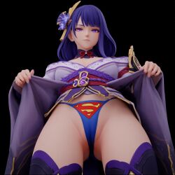 1girls 3d ai_assisted ai_generated black_background breasts crossover dc dc_comics female flashing flashing_panties genshin_impact hair_ornament kimono kimono_lift kimono_pull lifting looking_at_viewer panties purple_eyes purple_hair raiden_shogun sexy superman superman_(cosplay) superman_(series) superman_logo themed_clothes thick_thighs thighs thong