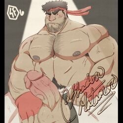 balls bara beard big_balls big_penis boner capcom erection facial_hair gay hairy headband male male_only muscles muscular penis penis_out ryu_(street_fighter) shadowmatamori solo solo_male street_fighter street_fighter_6 sweaty