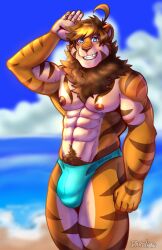 2025 abs anthro areola artist_name barazoku beach big_bulge biped blue_clothing blue_eyes blue_speedo blue_swimwear blurred_background brown_hair bulge clothed clothing cloud colored darolion detailed_background detailed_bulge eyebrow_through_hair eyebrows felid fingers front_view genital_outline hair hi_res humanoid_hands hybrid leon_(darolion) liger looking_at_viewer male male_only mammal mane muscular muscular_anthro muscular_arms muscular_legs muscular_male navel nipples outside pantherine pecs penis_outline portrait pose pubes sand sea shaded short_hair sky smile solo speedo speedo_only standing swimwear text three-quarter_portrait toothy_smile topless topless_anthro topless_male translucent translucent_hair water