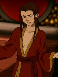 avatar_the_last_airbender edit ai_generated azula robe cleavage plunging_neckline small_breasts deep_cleavage bedroom brown_hair waist_sash smirk