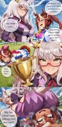 ahoge ai_generated amber_brown_hair animal_ears biwa_hayahide_(umamusume) black_blouse blue_eyes brown_hair cheerful comic comic_page dark_magenta_jacket facesitting fluffy_ears gold_accessories gold_earrings hair_ribbon horse_ears horse_girl huge_ass large_breasts long_white_hair medium_breasts naticai pink_collar pink_ribbon ponytail red_glasses red_ribbon sitting_on_person sky_blue_eyes small_female sweaty_ass tall_female tokai_teio_(umamusume) umamusume umamusume_pretty_derby under_rim_glasses voluminous_hair white_hair white_streak_hair wide_hips yellow_eyes