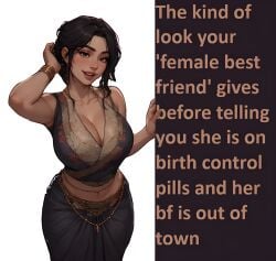 tan_body tan_skin smooth_skin smooth_body smooth_armpits busty bust busty_girl busty_female dark_skin dark-skinned_female best_friends besties seducing hands_behind_head hands_behind_back leaning_against_wall leaning leaning_on_object cleavage cleavage_cutout cleavage_window cleavage_dress waistchain waist_chain waist sari saree indian indian_female indian_clothes indian_style ai ai_generated ai_assisted flirting flirting_with_viewer flirting_look flirty seductive_look seductive_smile seductive_eyes seductive_pose bangles jewelry jewel armpits armpit armpit_fetish english_text english text caption cheating cheating_wife cheating_girlfriend cheating_female cheating_(relationship) cheating_with_friend birth_control hourglass_figure hourglass_figured_female hourglass black_legwear black_dress sleeveless sleeveless_dress