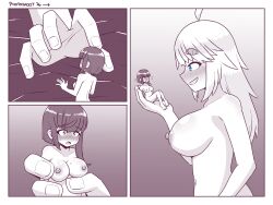 2girls breasts comic comic_page dialogue english english_dialogue female female/female female_only giantess huge_breasts inksgirls lesbian macro_female micro_female micro_in_hand micro_on_macro monochrome original original_character page_26 short_hair shrinking shrunk shrunken_woman yuri