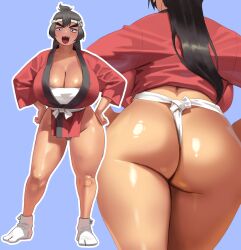 narisokonai_(mmmikedaya) mmmikedaya original original_character oc fundoshi red_jacket light_skin light-skinned_female blue_background no_background white_outline glistening glistening_body glistening_butt bandaged_breasts headband white_sash big_breasts large_breasts huge_breasts slim_waist big_ass large_ass huge_ass sharp_teeth thick_eyebrows smiling blushing back_view front_view white_socks high_cut_dress back_boob tagme