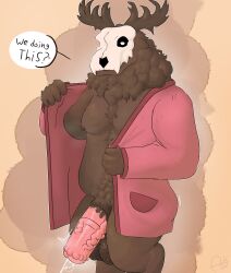 2026 absurd_res aimskull american_mythology animal_genitalia animal_penis anthro antlers balls bedroom_eyes belly big_balls bodily_fluids body_hair bone brown_body brown_fur brown_hair brown_horn chest_hair clothed clothing curly_hair dark_body dark_fur deer dialogue digital_drawing_(artwork) digital_media_(artwork) fur genital_fluids genitals hair hairy hi_res horn huge_balls indigenous_north_american_mythology male mammal mateo_(aimskull) mature_male monster mythological_creature mythology narrowed_eyes nipples north_american_mythology partially_clothed penis precum pubes pupils robe saggy_balls seductive signature simple_background skull skull_head solo solo_male speech_bubble text undressing undressing_self wendigo white_pupils