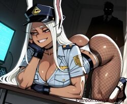 1boy 1girl absurdres aesthetic ai ai_generated all_fours alternate_costume animal_ears anime arm_rest art artist_name ass bent_over black_choker black_footwear black_gloves black_necktie blue_shirt boku_no_hero_academia breast_pocket breasts choker cleavage collarbone collared_shirt comic cover dark-skinned_female dark_skin desk digital elbow_rest fingerless_gloves fishnet_pantyhose fishnets generated gloves grin hand_on_own_cheek hand_on_own_face hat head_rest high high_heels highleg highleg_panties highres huge_ass indoors large_breasts line long long_eyelashes long_hair looking_at_another looking_to_the_side manga mirko miruko monitor multiple muscular muscular_female my_hero_academia my_hero_academia_(finale) naughty_face necktie no_pants page painting panel panels panties pantyhose parted_bangs patreon_username phanary pocket police police_badge police_hat police_uniform policewoman quality rabbit_ears rabbit_girl rabbit_tail red_eyes rumi_usagiyama shading shirt short_sleeves smile soft solo_focus strip style teeth thick_thighs thighs thong toned uncensored underwear uniform usagiyama_rumi web_address white_hair white_panties wide_hips