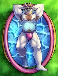 2024 anthro areola armpit_hair barazoku barbell_piercing beard big_bulge biped bird's-eye_view body_hair bovid bovine brown_hair bulge cattle chest_hair chest_tuft claws clothed clothing colored darolion day detailed_bulge eyewear facial_hair feet full-length_portrait genital_outline grass hair hands_behind_head hi_res high-angle_view horn humanoid_feet kiddie_pool male male_only mammal muscular muscular_anthro muscular_arms muscular_legs muscular_male navel nipple_barbell nipple_piercing nipples outside partially_submerged pecs penis_outline piercing pink_clothing pink_speedo pink_swimwear plant plantigrade portrait pose pubes shaded shadow short_hair skimpy smile solo speedo speedo_only sunglasses swimwear toe_claws toes topless topless_anthro topless_male tuft water