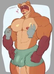 abs animated ass ball_bulge big_ass big_biceps big_pecs blush blushing brown_fur bulge bulge_through_clothing chest_tuft cum cum_drip cum_dripping cum_in_clothes eyes_closed furry furry_ears furry_only gay gif hearts male male_only muscular muscular_male muscular_thighs nipple_play nipples pec_grab penis_bulge sabel_(sweatysabel) shorts simple_background six_pack smiling sweatysabel tan_fur tounge_out underwear