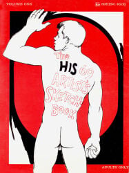 1979 1boy 69_(number) adam_illustrated_novel_(surrey/surree) archived_source ass back_view balls comic_cover cover english_text gay male male_only monochrome muscular original out_of_frame red_theme simple_background solo text text_on_back text_on_body traditional_media