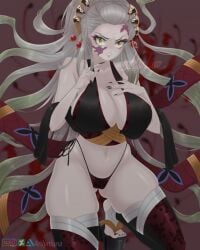 arilynluna big_breasts black_nails cleavage daki_(kimetsu_no_yaiba) demon_girl demon_slayer eyeshadow facial_markings female female_only geta hair_ornament kimetsu_no_yaiba lingerie long_hair looking_at_viewer multicolored_eyes nail_polish obi pale-skinned_female pale_skin panties platform_footwear sharp_fingernails side-tie_panties silver_hair smile solo thick_thighs thighhighs thong toeless_legwear two_tone_hair very_long_hair white-skinned_female zettai_ryouiki