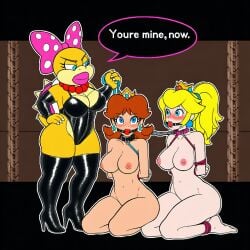 3girls ai_assisted ai_generated anthro ball_gag big_breasts blonde_hair blush blush_lines bondage bondage_gear brunette collar crown dog_collar dominant_female dominatrix dominatrix_outfit english_text feet_tied female_only femdom game_over grin hand_on_hip hands_behind_back hands_tied_behind_back high_heels highres holding_leash mario_(series) nintendo nipples novelai nude_female nudity on_knees pink_bow pink_lips pink_lipstick pink_shell ponytail princess_daisy princess_peach red_necklace simple_background simple_coloring simple_shading smug tan_skin text text_bubble thighhighs trio trio_female trio_focus wendy_o._koopa
