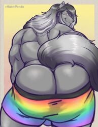 1boy anthro ass ass_focus bara_ass bending_over big_ass big_ass_(male) big_butt bubble_ass bubble_butt butt_crack dat_ass dumptruck_ass dumptruck_butt fat_ass fat_butt furry gay gradient_background grey_body grey_fur huge_ass huge_butt hunnipanda long_hair looking_at_viewer looking_back male male_only muscular muscular_ass muscular_butt muscular_male orange_background orange_eyes pants_pulled_down plump_ass plump_butt rainbow_clothing round_ass round_butt smile smiling tail thick_ass thick_butt topless underwear watermark wolf yellow_background