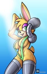 1girls bikini black_nose blonde_hair boobs breasts bunnie_rabbot clothed clothing eyelashes eyeshadow female female_only fours_(artist) green_eyes light_fur long_ears makeup nipples nipples_visible_through_clothing pinup rabbit robot robotic_limbs sky sonic_(series) sonic_the_hedgehog_(archie) sonic_the_hedgehog_(comics) string_bikini tail tits two_tone_fur yellow_fur