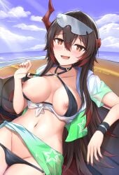 1girls azur_lane bikini blush brown_hair horn iron_blood_(azur_lane) light-skinned_female light_skin magdeburg_(azur_lane) magdeburg_(gone_fishing)_(azur_lane) multicolored_hair navel open_mouth_smile partially_clothed pulling_bikini red_hair smile solo sunglasses sunglasses_on_head zuikillme