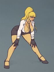 1girls alternate_version_available ass_in_dress big_breasts big_lips black_glasses blonde_hair bottomwear breasts capcom female full_body glasses hands_on_knees heels highres huge_breasts kastep kolin lips necktie office_lady panties ponytail shirt skirt street_fighter street_fighter_v thick_lips thick_thighs thighs tie topwear white_panties white_shirt