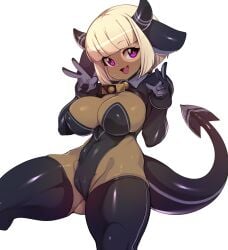 1girls 2021 2d bangs blonde_hair blunt_bangs bunnysuit cameltoe cow_ears cow_horns cowbell dark-skinned_female dark_skin demon_girl demon_tail female female_only hi_res horns looking_at_viewer medium_hair miuuyo oerba_yun_fang purple_eyes slugbox smiling_at_viewer solo solo_female tail thick_thighs thighhighs v_sign white_background