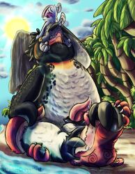 animal_genitalia anthro anus avian balls beach beak bird bird_(undergreysnest) black_body black_feathers blush bodily_fluids body_tattoo canon_x_oc cheek_tuft claws cloud colored cowgirl_position curling_talons curling_toes dated ear_piercing emperor_penguin erection facial_tuft feathers feet flippers foot_fetish foot_on_face from_front_position fur genital_fluids genitals goofy_smile group group_sex hand_on_foot hand_on_leg hand_on_tail head_feathers hi_res holding_up in_mouth leaking_precum light lighting looking_pleasured male male/male mammal mountain multicolored_body mustelid on_bottom on_top on_top_of on_top_of_another oral otis_otterton otter overweight overweight_male palm_tree penis piercing plant precum red_body red_fur rimming_male saliva sex shaded sheath signature snout stubble sun surf's_up tail tail_feathers tail_wrapped_around_leg talons tapering_penis threesome toes tongue tongue_out toony toony_expression toony_eyes tree trio tuft two_tone_body undergreysnest vein veiny_penis water watermark whiskers white_body white_feathers wings zeke_topanga