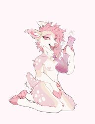 2026 ambiguous_gender amethedeer anthro biped bloodshot_eyes bong colored dated deer digital_drawing_(artwork) digital_media_(artwork) drugs eyebrows fingers hair heart_nipples heart_pasties hi_res holding_bong holding_object hooved_fingers hooved_toes hooves kneeling looking_at_viewer mammal marijuana nipples nonbinary_(lore) open_mouth open_smile pasties pink_bong pink_eyebrows pink_eyes pink_hair pink_hooves pink_inner_ear pink_nose pink_tail pink_text pink_tongue pinup pose side_part_hair signature simple_background smile smoke smoke_from_mouth smoking smoking_marijuana solo tail teeth text tongue white_background