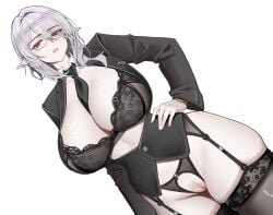 1girl absurdres alternate_breast_size_(larger) alternate_costume arknights between_breasts black_bra black_garter_straps black_jacket black_necktie black_panties black_thighhighs bra breasts clothes_between_breasts commentary_request cowboy_shot dutch_angle eyes_visible_through_hair female_pubic_hair frilled_bra frills garter_straps gladiia_(arknights) glasses grey_hair hair_over_one_eye hand_on_own_hip highres huge_breasts jacket lace-trimmed_thighhighs lace_trim linea_alba long_sleeves looking_at_viewer necktie necktie_between_breasts panties parted_bangs parted_lips partially_unbuttoned pointy_ears pubic_hair pussy pussy_cutout red_eyes simple_background skindentation solo thighhighs underwear white_background yat_(tsmn7245)