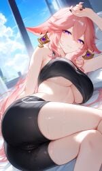 1girls bare shoulders booty shorts breasts daisy dukes female only hotpants large long hair midriff baring shirt navel painted nails pale skin pale-skinned pigtails pink short thick thighs underboob wide hips yae_miko yae_miko_(genshin_impact) genshin_impact ai_generated
