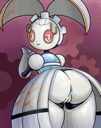 absurd_res anthro anus big_butt blue_anus butt eyelashes female generation_7_pokemon genitals grey_body hi_res legendary_pokemon looking_at_viewer looking_back looking_back_at_viewer magearna metallic_body mythical_pokemon nintendo pattern_background pink_eyes pink_sclera pokemon pokemon_(species) rear_view robot_anthro simple_background smile solo thick_thighs vulva wide_hips yawlyawl090