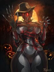 1girls areolae big_breasts breasts claws cosplay f4derati0n_(artist) female female_only freddy_krueger_(cosplay) halloween halloween_costume hat hips jack-o'-lantern large_breasts navel navel_piercing nightmare_on_elm_street nipple_piercing nipples panties piercing pumpkin source_request thick_thighs thighs valkyr_(warframe) warframe wide_hips