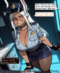 1female 1girl 1girls 2026 absurdres aesthetic ai_generated alternate_costume animal_ears anime anime_style artist_name beautiful beautiful_female beautiful_girl belt big_ass big_breasts black_belt black_choker black_gloves black_headwear black_skirt blue_shirt blue_skirt blurred_background blush blush_lines blushing blushing_female boku_no_hero_academia breast_pocket breasts bubble_ass bubble_butt choker cleavage collarbone collared_shirt comic comic_page comic_panel comic_strip cover_page curvy curvy_body curvy_female curvy_figure curvy_hips curvy_thighs cute cute_face dark-skinned_female dark_skin dialogue digital_art digital_painting dutch_angle english english_dialogue english_text female fingerless_gloves fishnet_pantyhose fishnets gloves grin hat high_quality highres huge_breasts indoors large_ass large_breasts leaning_forward line_art long_comic long_eyelashes long_hair looking_at_viewer manga_style miniskirt mirko miruko multiple_panels my_hero_academia my_hero_academia_(finale) naughty_face pantyhose paper parted_bangs partially_unbuttoned patreon patreon_link patreon_username pencil_skirt phanary pocket police police_badge police_hat police_uniform policewoman pouch rabbit_ears rabbit_girl red_eyes rumi_usagiyama sexy sexy_body sexy_female sexy_pose shirt shirt_tucked_in short_sleeves skirt smile soft_shading solo solo_focus speech_bubble standing teeth text text_box text_bubble text_focus thick thick_thighs thighs twitter_username uniform usagiyama_rumi web_address white_hair