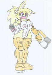 sonic_satam bunnie_rabbot ninja ninja_girl ninja_mask naked_female gauntlet prosthetic_limbs prosthetic_arm prosthetic_legs axe short_sword weapon_arm flower_in_hair ponytail mobian_rabbit big_breasts big_hips eyeshadow green_eyes yellow_fur yellow_body yellow_hair white_fur white_background traditional_drawing_(artwork) marlon64
