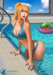 1girls astrowolf big bikini bikini_bottom bikini_top bimbo blonde_hair blue_nail_polish breasts cleavage female lipstick metroid metroid_(creature) nail_polish nintendo pool poolside red_lipstick samus_aran swimming_pool