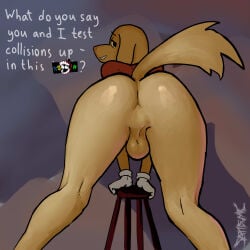absurd_res anthro anus backsack balls bedroom_eyes big_butt butt caine_censorship canid canine canis clothing domestic_dog femboy fur genitals glitch_productions gloves handwear hi_res inviting_to_sex looking_at_viewer looking_back male mammal narrowed_eyes presenting presenting_anus presenting_hindquarters scratch_(tadc) scratch_(the_amazing_digital_circus) seductive septicemic_(artist) smile smiling_at_viewer solo submissive submissive_male tadc_censor_bar tail the_amazing_digital_circus yellow_body yellow_fur yellow_sclera