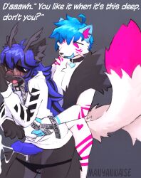 ahegao anal anal_orgasm anal_penetration anthro balls black_highlights black_nose blue_body blue_fur blue_hair blush bodily_fluids clothed clothing clothing_around_legs collar cum cum_while_penetrated dialogue digital_drawing_(artwork) digital_media_(artwork) duo ejaculation english_text eye_through_hair eyewear fur genital_fluids genitals glasses grey_inner_ear_fluff hair hands-free hi_res highlights_(coloring) hoodie inner_ear_fluff jack_(kitsuphrenia) leash leash_around_arm leash_pull leashed_collar long_hair long_tail looking_pleasured male male/male manyannaise multi_tail oliver_prince open_mouth orgasm panties panties_around_legs panties_down partially_clothed penetration penile penile_penetration penis_in_ass pink_eyes pink_inner_ear_fluff round_glasses sex tail talking_to_another text topwear translucent translucent_hair tuft underwear underwear_around_legs underwear_down wearing_glasses white_body white_fur